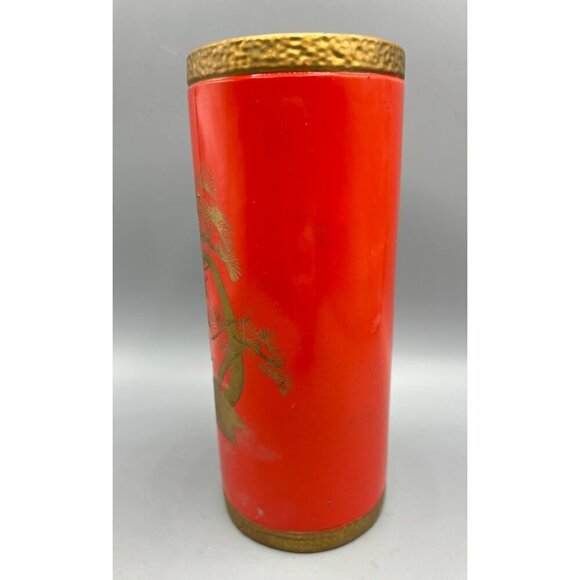 Vtg Norleans Japanese Red Orange Gold Ceramic Vase Painted Landscape Design - Picture 3 of 7